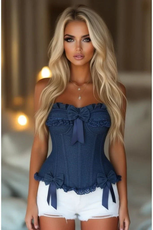 Daisy Corset Dark Blue Denim Underwire Steel Boned Burlesque Corset w/Bows