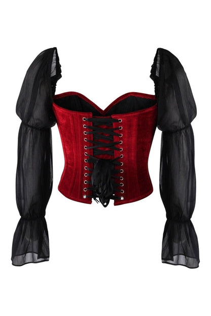 Top Drawer Dark Red Velvet Steel Boned Corset w/Sleeves - Daisy Corsets