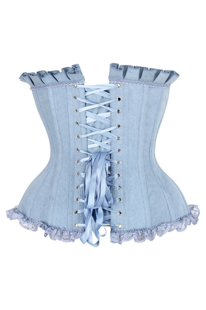 Top Drawer Light Blue Denim Underwire Steel Boned Burlesque Corset w/Bows - Daisy Corsets