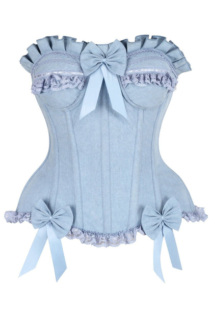 Top Drawer Light Blue Denim Underwire Steel Boned Burlesque Corset w/Bows - Daisy Corsets