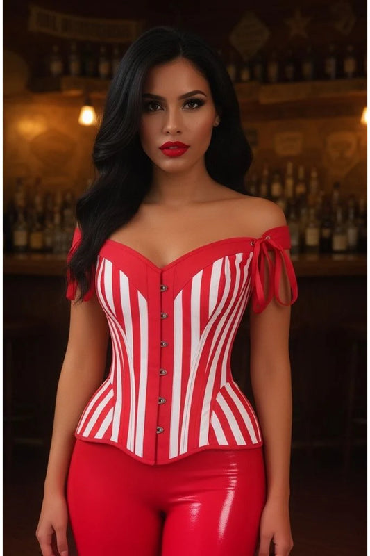 Daisy Red/White Striped Steel Boned Corset w/Straps