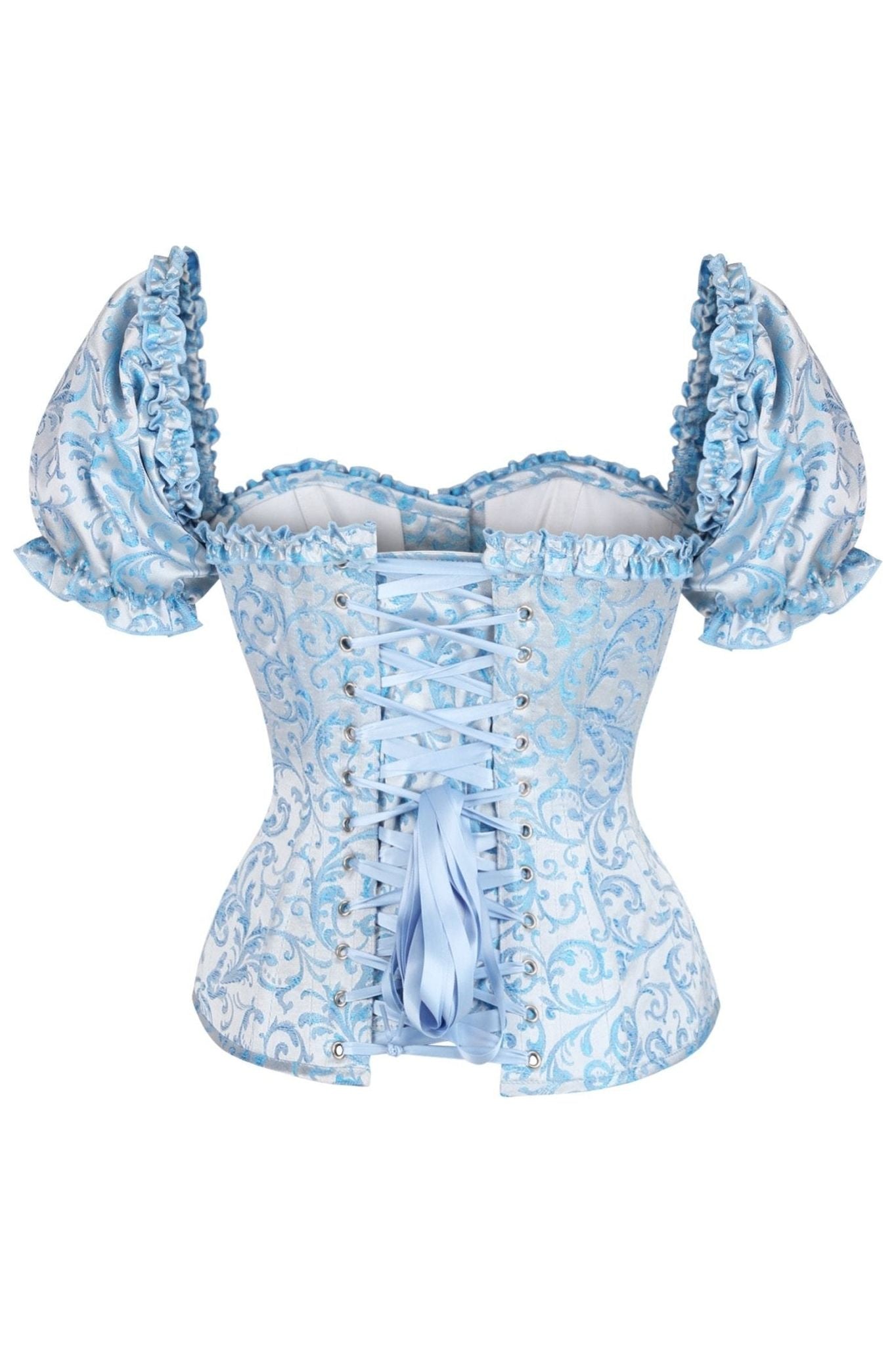Top Drawer Steel Boned Blue Brocade Overbust Corset Top w/Sleeves - Daisy Corsets