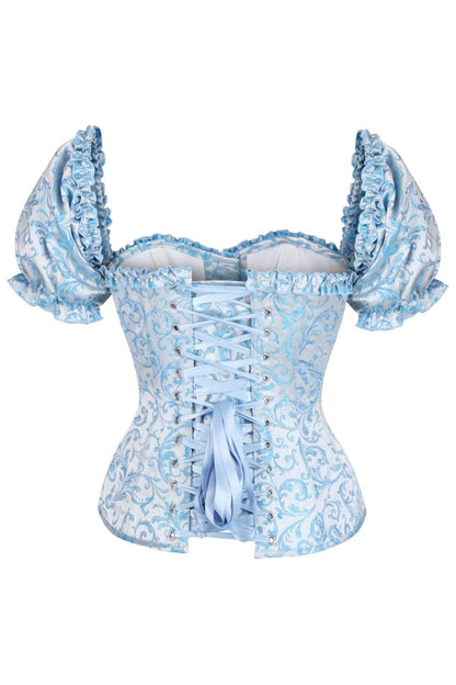 Top Drawer Steel Boned Blue Brocade Overbust Corset Top w/Sleeves - Daisy Corsets