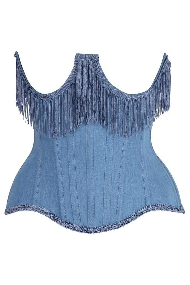 Daisy Steel Boned Denim Underwire Underbust Corset Cincher w/Fringe