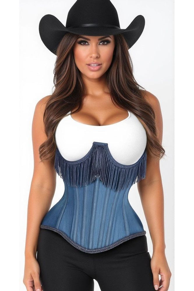Daisy Steel Boned Denim Underwire Underbust Corset Cincher w/Fringe
