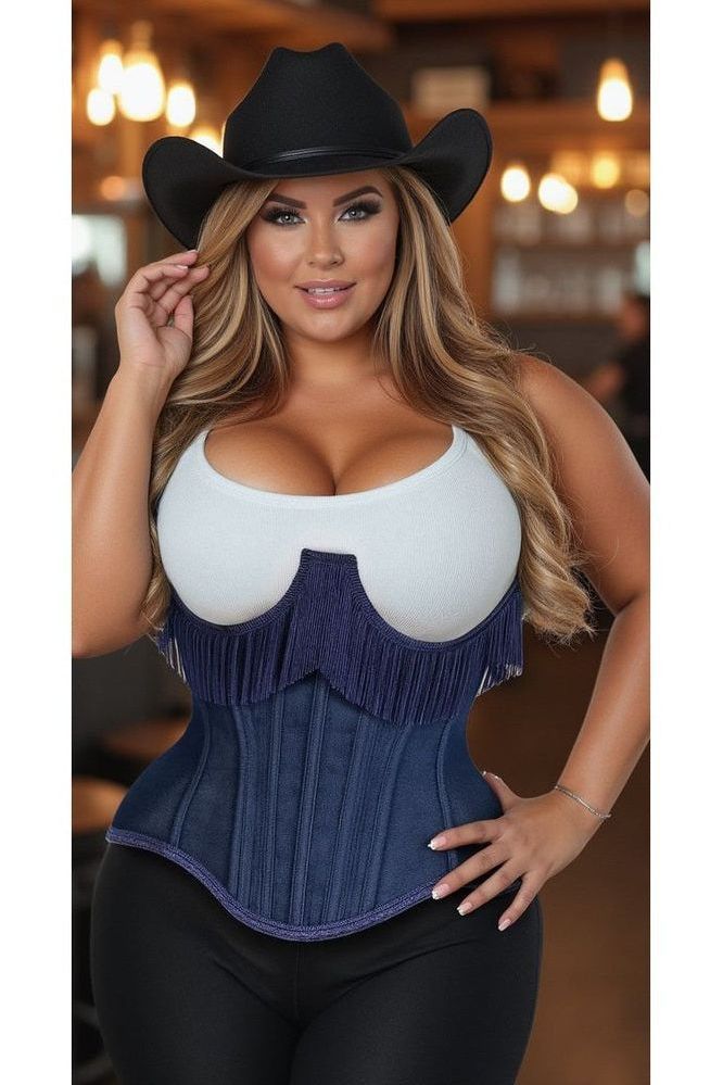 Daisy Steel Boned Denim Underwire Underbust Corset Cincher w/Fringe