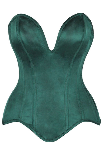 Top Drawer Steel Boned Dark Green Satin Plunge Neckline Overbust Corset - Daisy Corsets