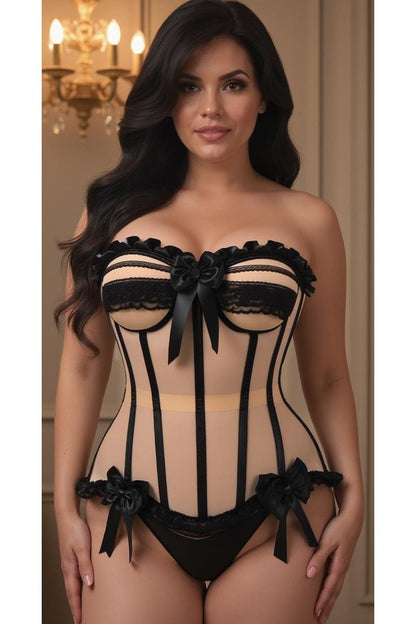 Top Drawer Steel Boned Nude & Black Mesh Underwire Bustier Corset - Daisy Corsets