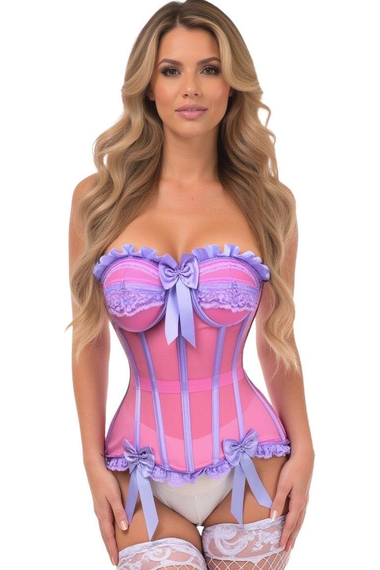 Top Drawer Steel Boned Pink/Purple Mesh Underwire Bustier Corset - Daisy Corsets