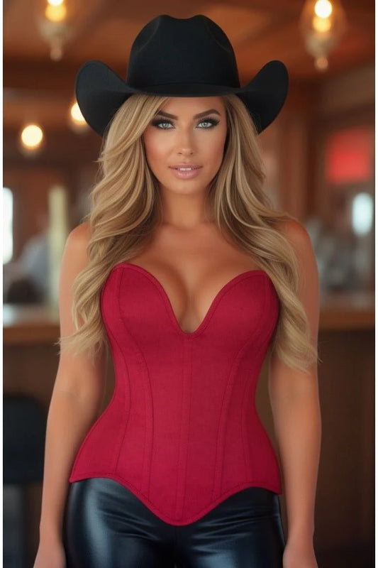 Daisy Steel Boned Red Suede Deep Plunge Overbust Corset Top