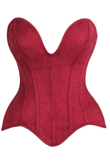 Daisy Steel Boned Red Suede Deep Plunge Overbust Corset Top