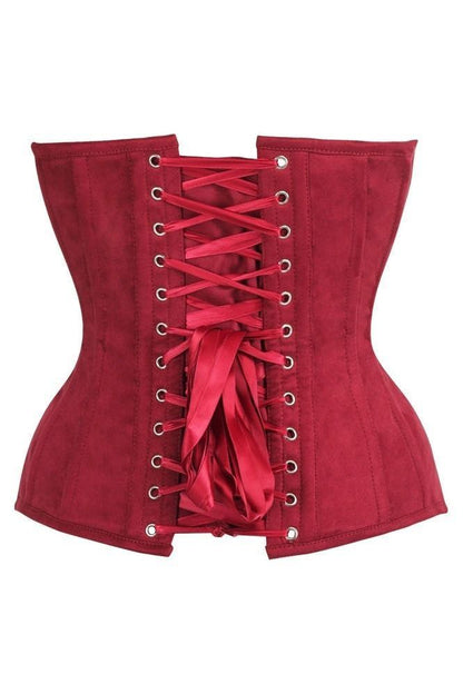 Daisy Steel Boned Red Suede Deep Plunge Overbust Corset Top