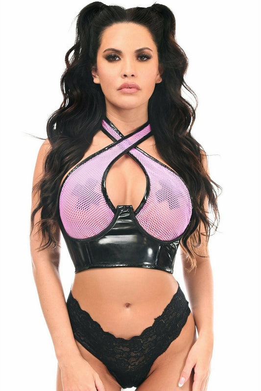 Daisy LV-1546 Lt Pink/Black Vinyl & Fishnet Halter Top Underwire Cincher