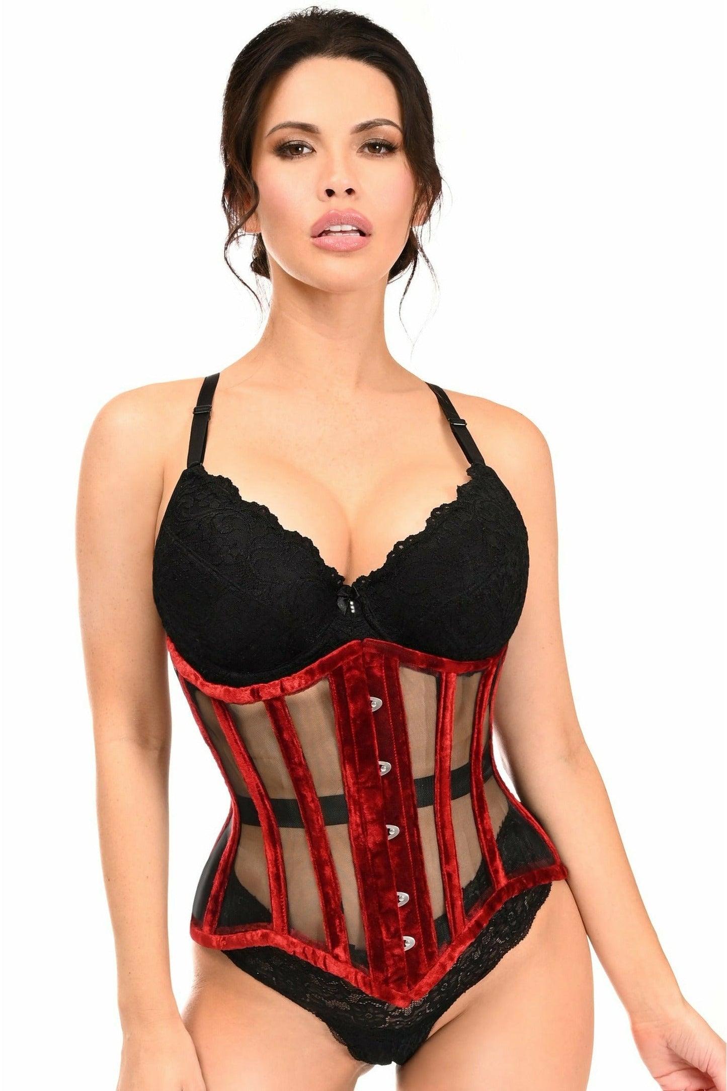 Daisy Dark Red Crushed Velvet Steel Boned Waist Cincher Corset TD-1825