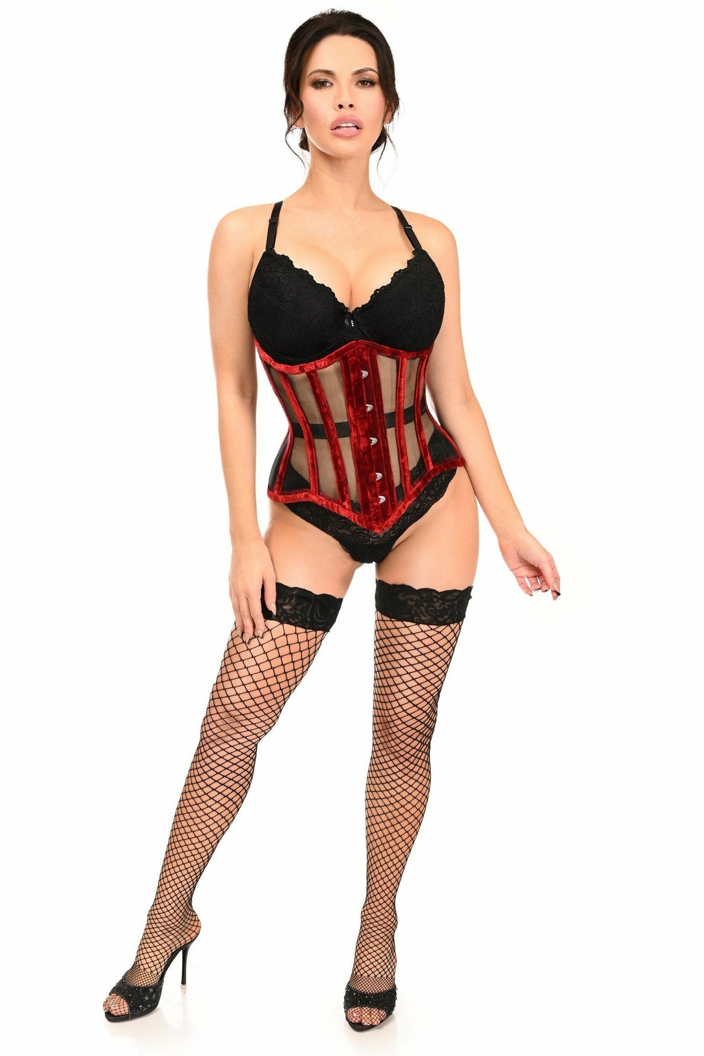 Daisy Dark Red Crushed Velvet Steel Boned Waist Cincher Corset TD-1825
